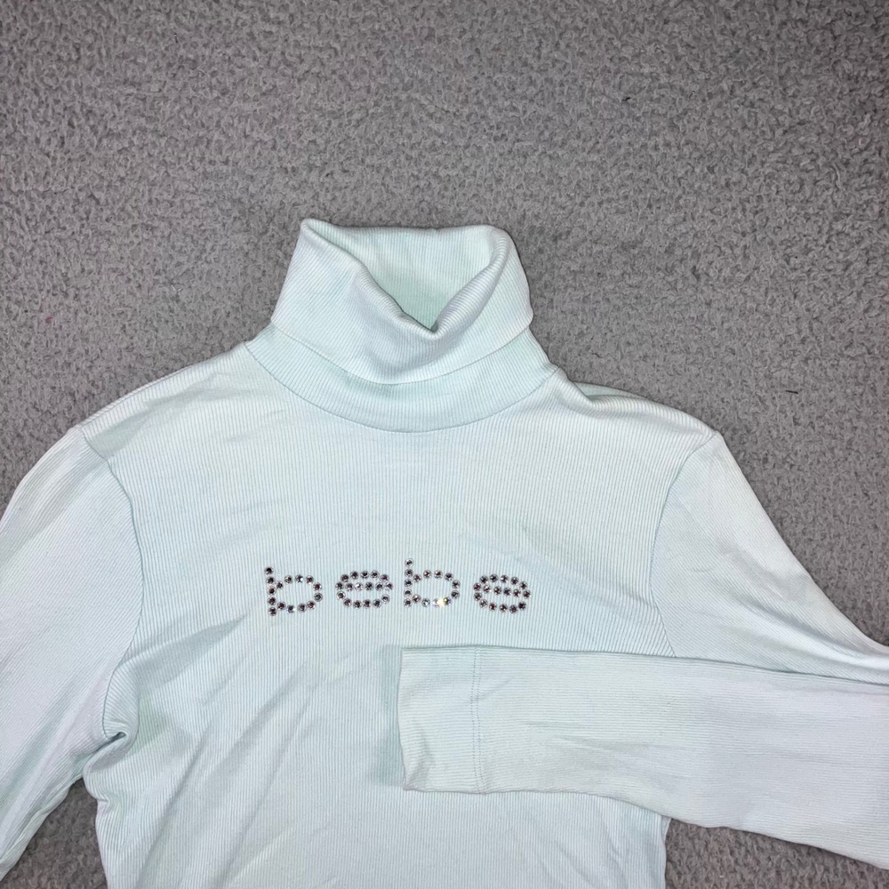 Y2K Bebe Turtleneck L Light Blue Rhinestone Logo Bling Ribbed L/S Cyber Coquette